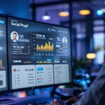 Social Proof Follower – Marketingexperte analysiert Follower-Zahlen und Engagement-Metriken auf einem Monitor