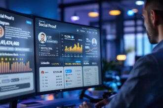 Social Proof Follower – Marketingexperte analysiert Follower-Zahlen und Engagement-Metriken auf einem Monitor