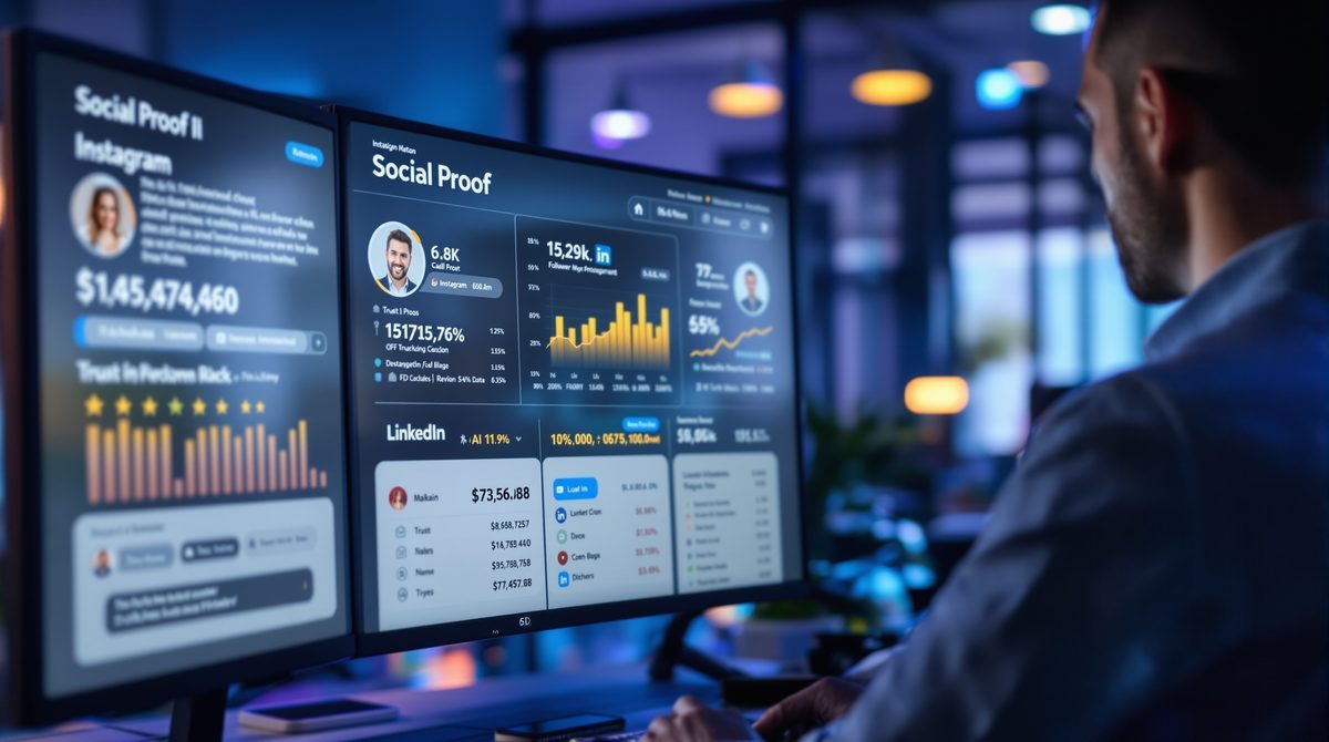 Social Proof Follower – Marketingexperte analysiert Follower-Zahlen und Engagement-Metriken auf einem Monitor