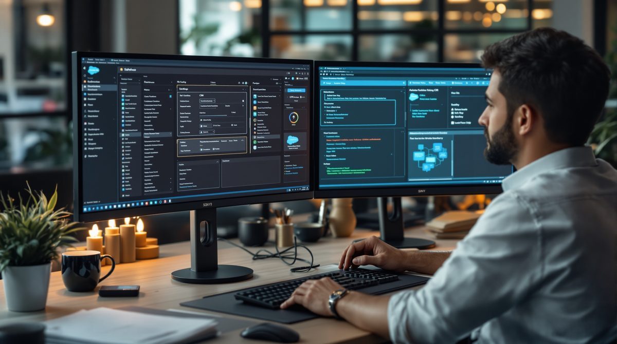 Berater konfiguriert Salesforce CRM auf Dual-Monitor-Arbeitsplatz