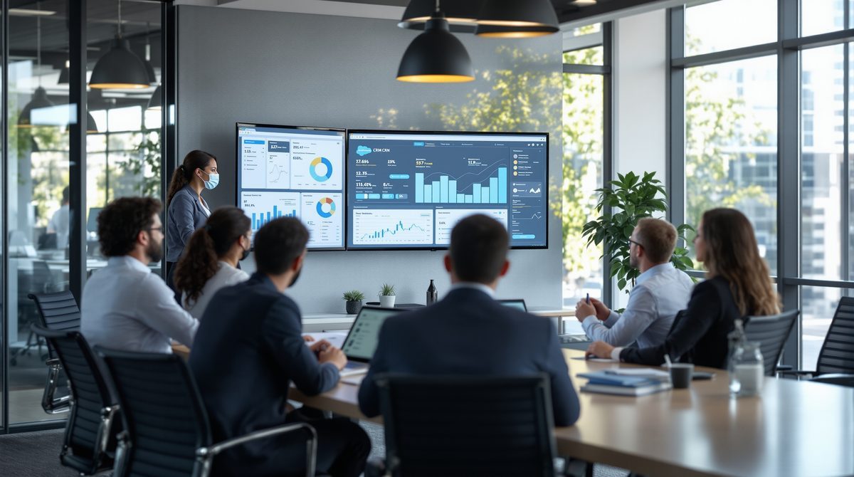 Team bespricht Salesforce CRM Dashboards im modernen Büro