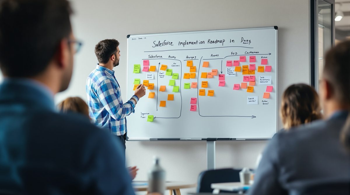 Sales Manager plant Salesforce Implementierungs-Roadmap am Whiteboard