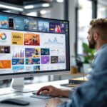 Marketing-Profi analysiert Display-Werbung Kampagnenperformance auf einem Monitor im modernen Büro