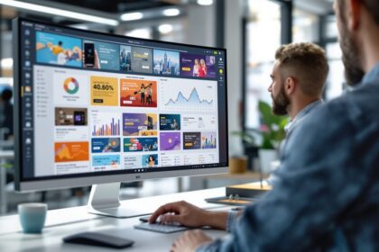 Marketing-Profi analysiert Display-Werbung Kampagnenperformance auf einem Monitor im modernen Büro