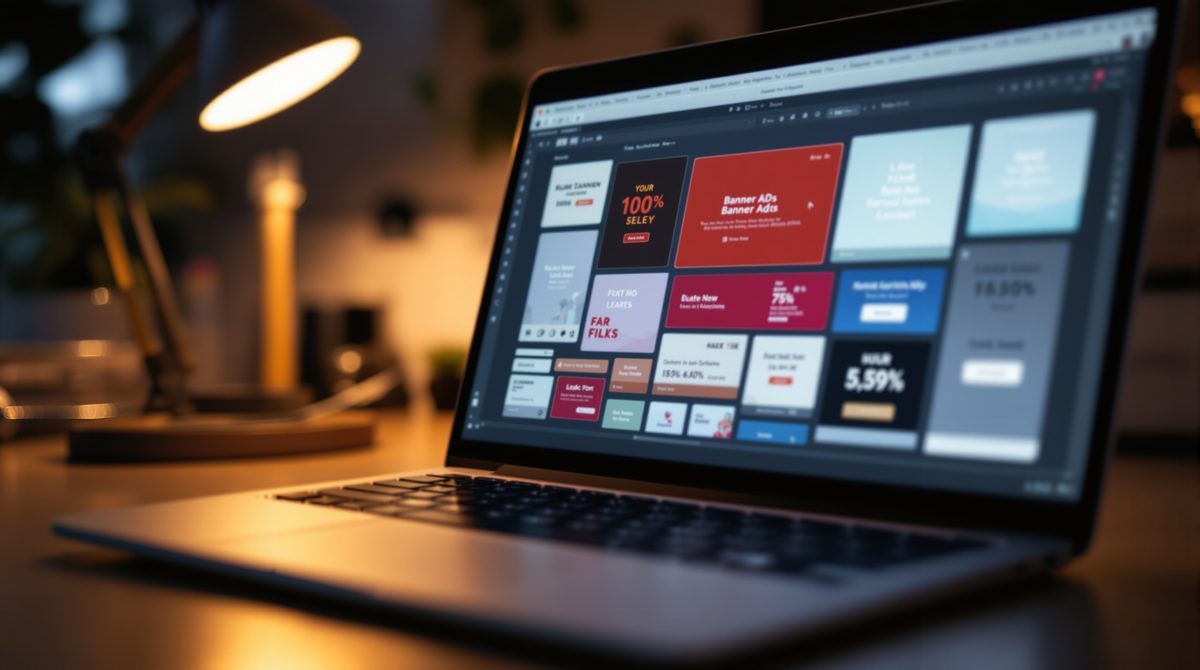 Verschiedene digitale Banner-Formate auf einem Laptop-Bildschirm in einer Design-Software