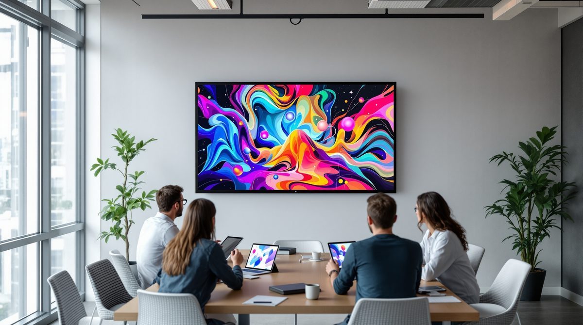 Kreativteam in einer Agentur bespricht Display-Werbung Creatives an einem großen Bildschirm