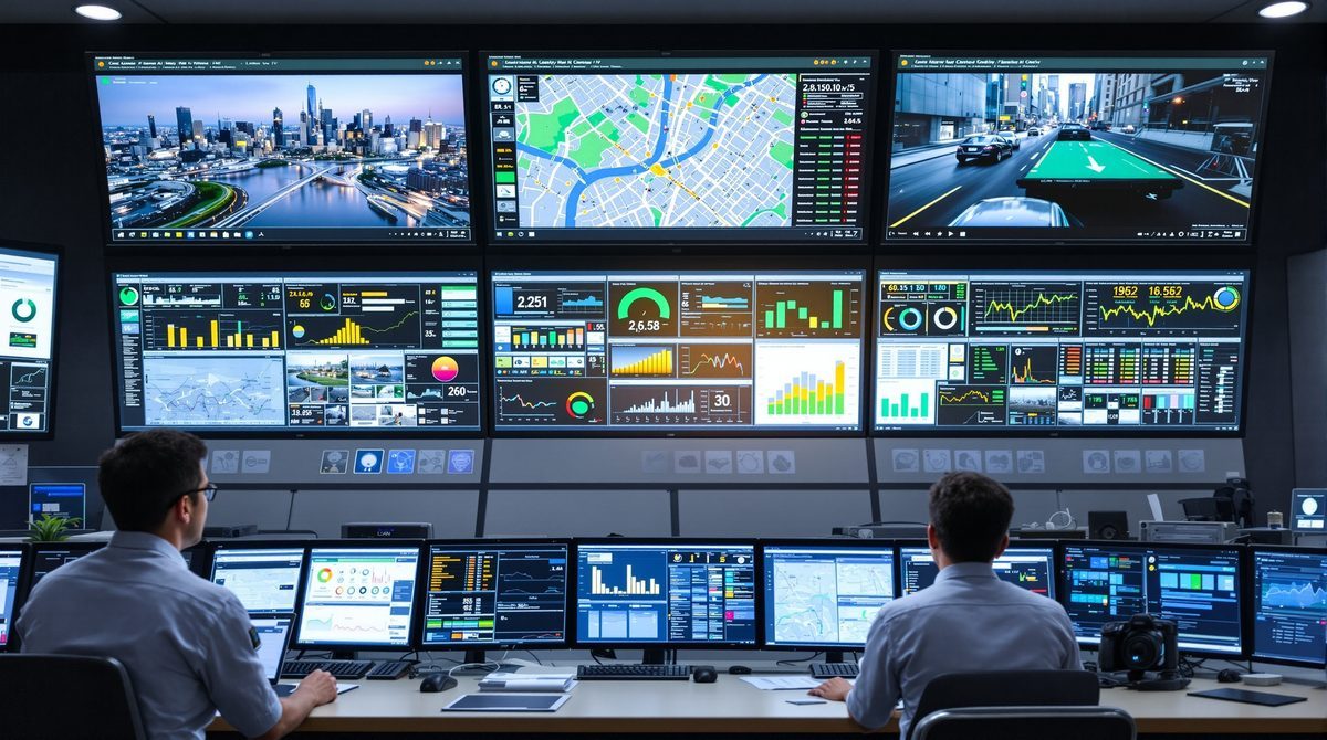 Kommunales Rechenzentrum mit Echtzeit-Stadtdaten auf Monitoren