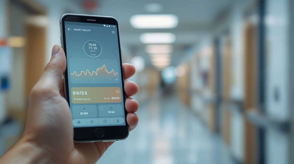 Mobile-Health-App auf Smartphone zeigt Herzfrequenz und Gesundheitsdaten