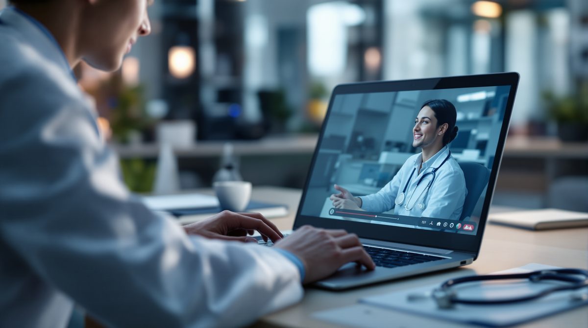 Telemedizin – Arzt führt Videosprechstunde am Laptop durch