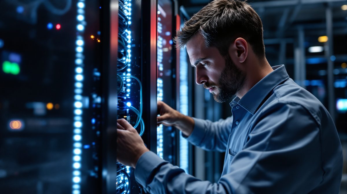 IT-Techniker bei der Modernisierung eines Serverracks im Rechenzentrum