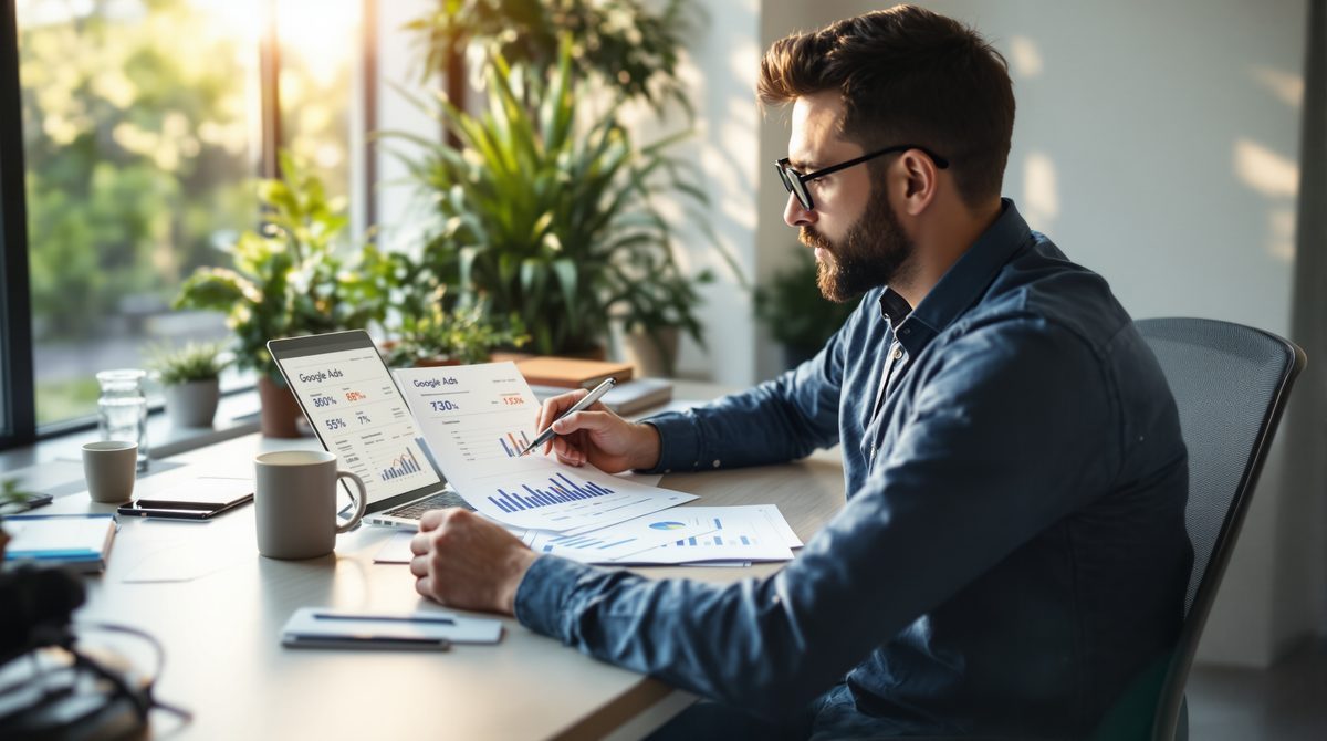 Kleinunternehmer analysiert Google Ads Berichte und Conversion-Daten am Schreibtisch