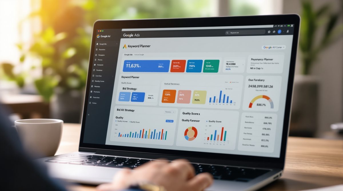 Google Ads Keyword-Planung und Gebotsstrategien auf einem Laptop-Bildschirm