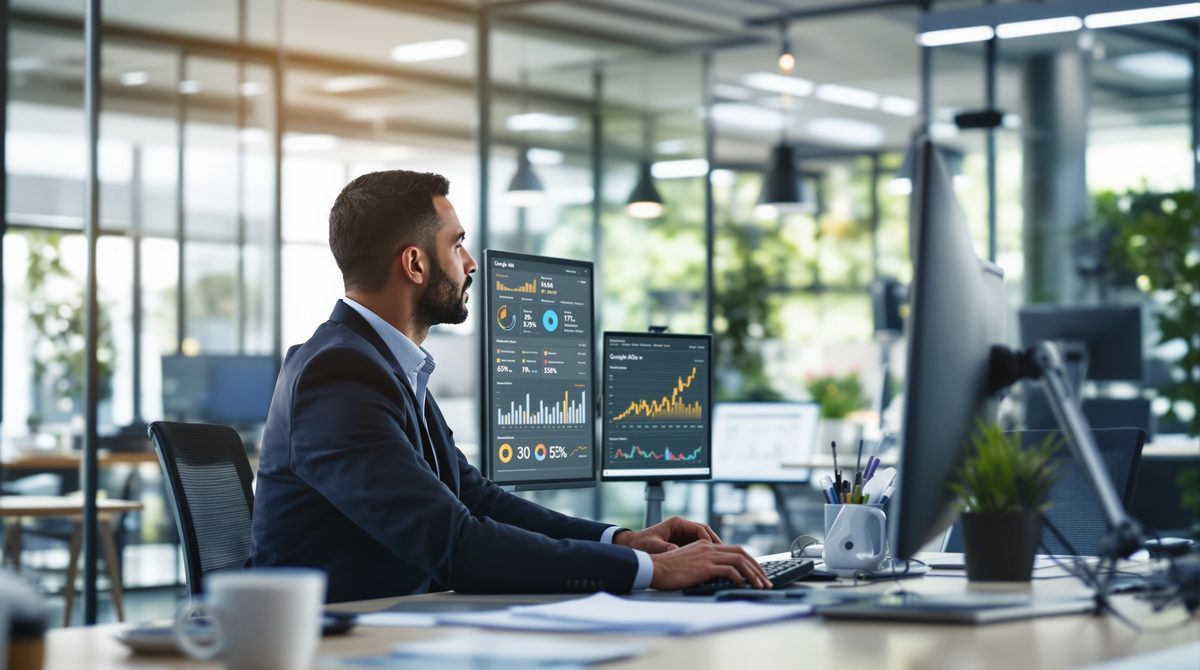 Google Ads-Beratung – Marketingexperte analysiert Kampagnendaten auf einem Monitor