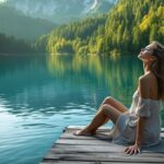 Frau sitzt entspannt ohne Smartphone an einem Bergsee – handyfreie Zeit im Urlaub genießen