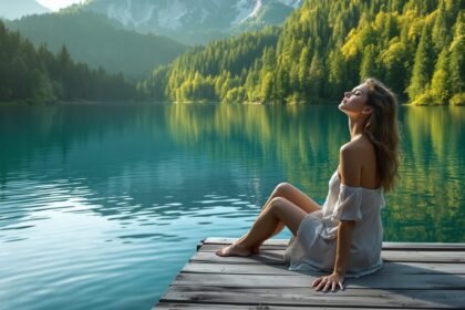Frau sitzt entspannt ohne Smartphone an einem Bergsee – handyfreie Zeit im Urlaub genießen