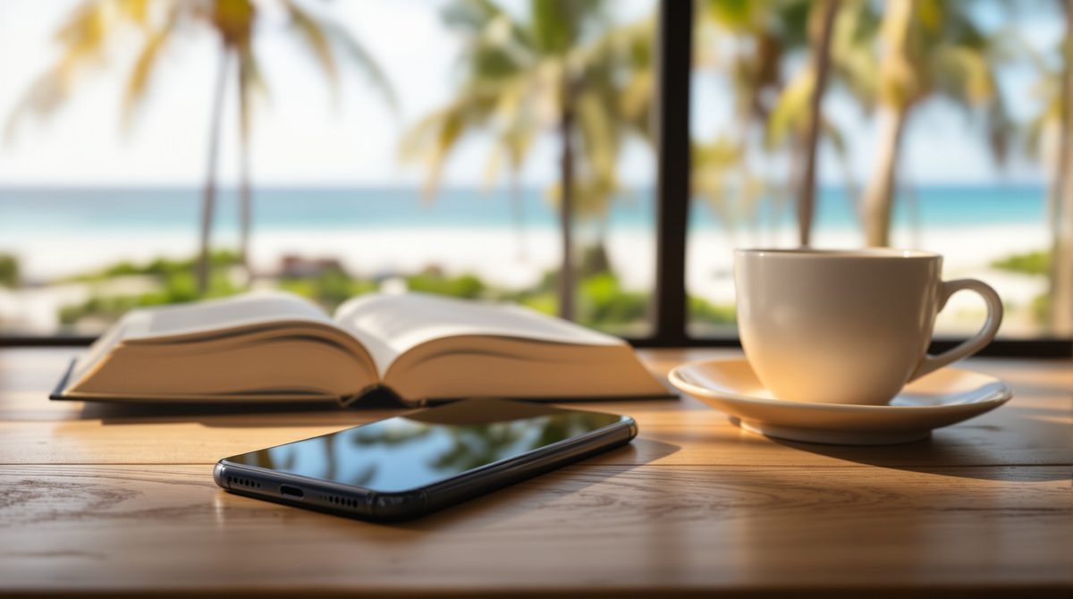 Smartphone liegt bewusst umgedreht auf einem Tisch neben einem Buch und Kaffee – Symbol für Digital Detox im Urlaub