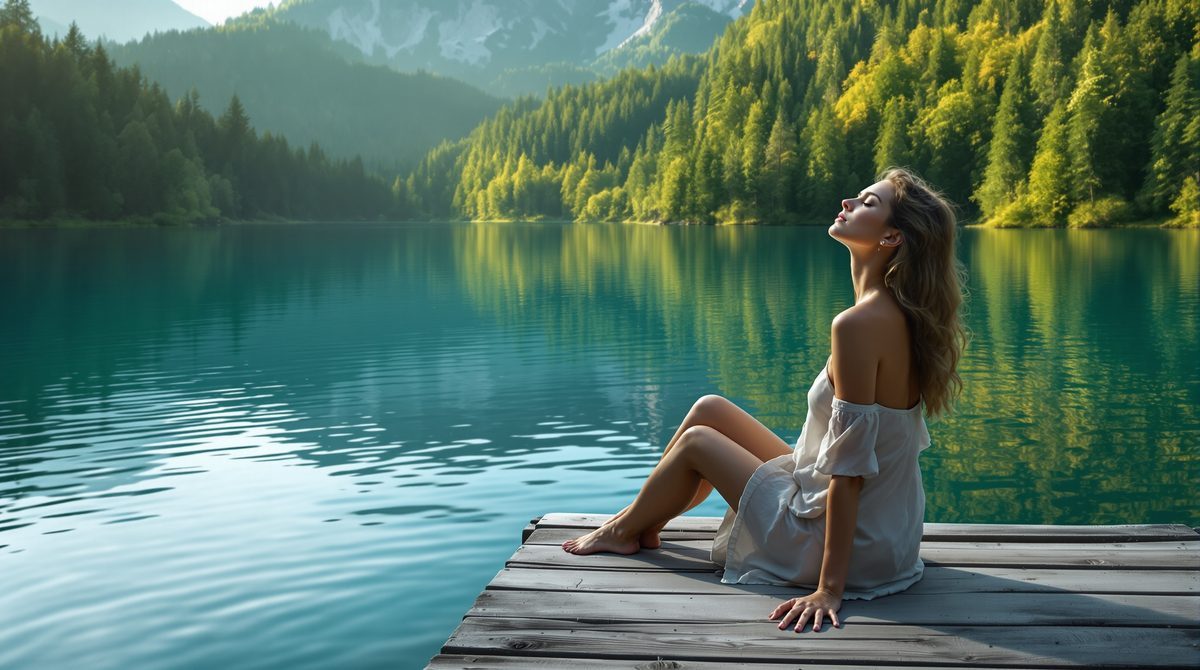 Frau sitzt entspannt ohne Smartphone an einem Bergsee – handyfreie Zeit im Urlaub genießen