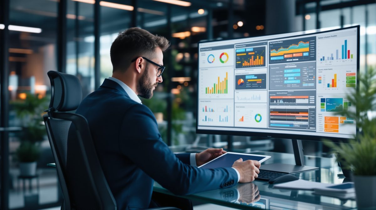 Business-Stratege analysiert digitale Roadmap und Website-Architektur am Tablet