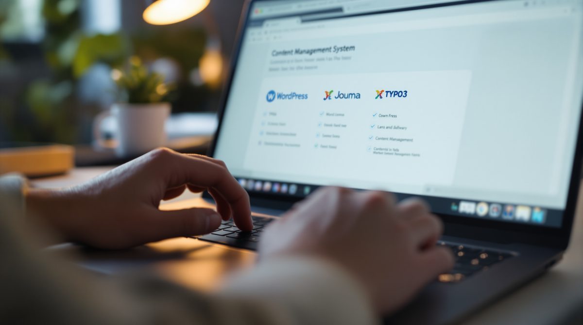 Entwickler vergleicht verschiedene Content-Management-Systeme am Laptop