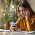 Frau schaut frustriert auf Instagram App auf dem Smartphone und sucht Hilfe beim Support