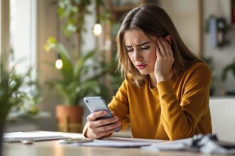 Frau schaut frustriert auf Instagram App auf dem Smartphone und sucht Hilfe beim Support