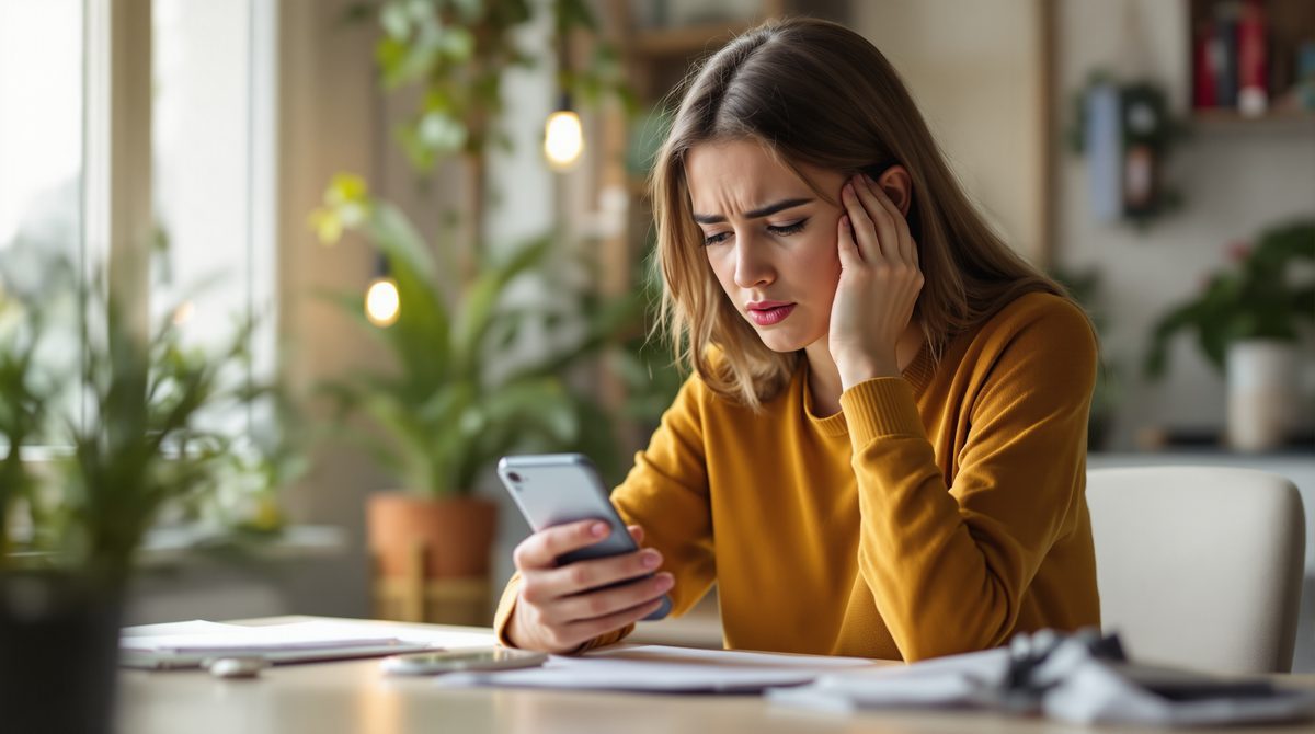 Frau schaut frustriert auf Instagram App auf dem Smartphone und sucht Hilfe beim Support
