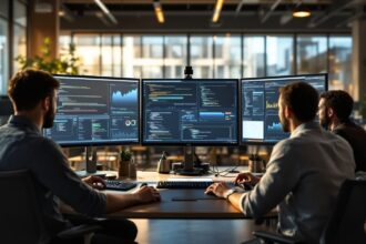 Softwareentwicklungsteam arbeitet mit KI-gestützten Tools an modernen Monitoren im Büro