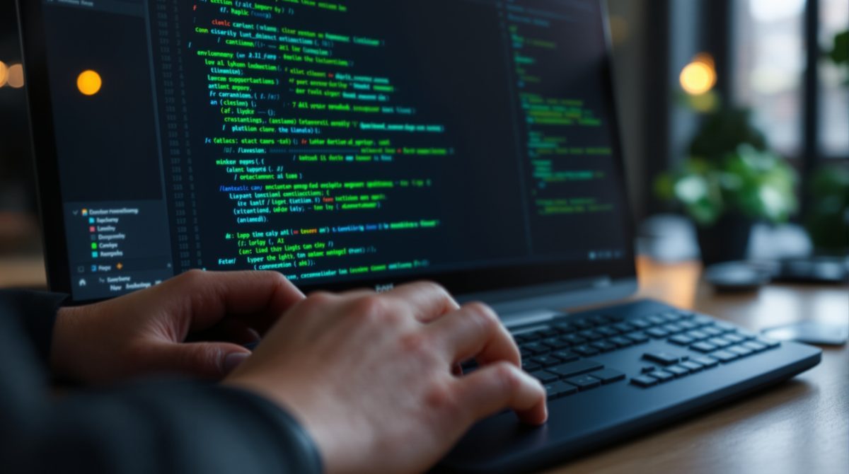 Nahaufnahme: Entwicklerhände tippen Code mit KI-Vorschlägen auf dunklem IDE-Bildschirm