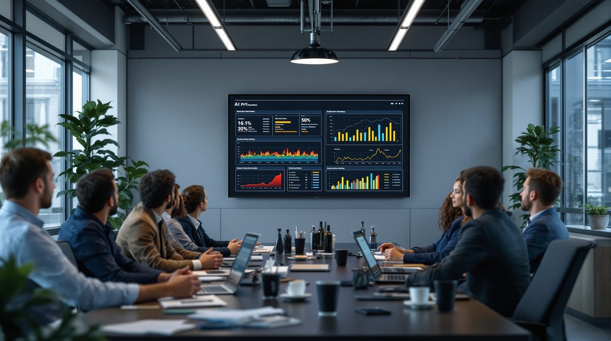Entwicklerteam bespricht KI-generierte Software-Qualitätsmetriken auf Präsentationsbildschirm