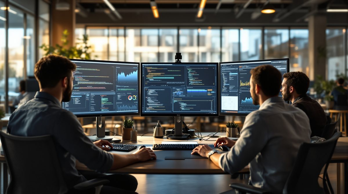 Softwareentwicklungsteam arbeitet mit KI-gestützten Tools an modernen Monitoren im Büro