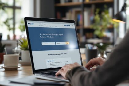 Person am Laptop nutzt PayPal Help Center für Kundenservice-Unterstützung