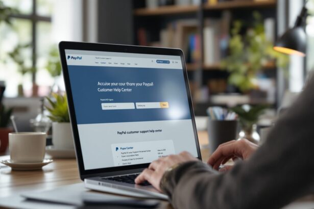 Person am Laptop nutzt PayPal Help Center für Kundenservice-Unterstützung