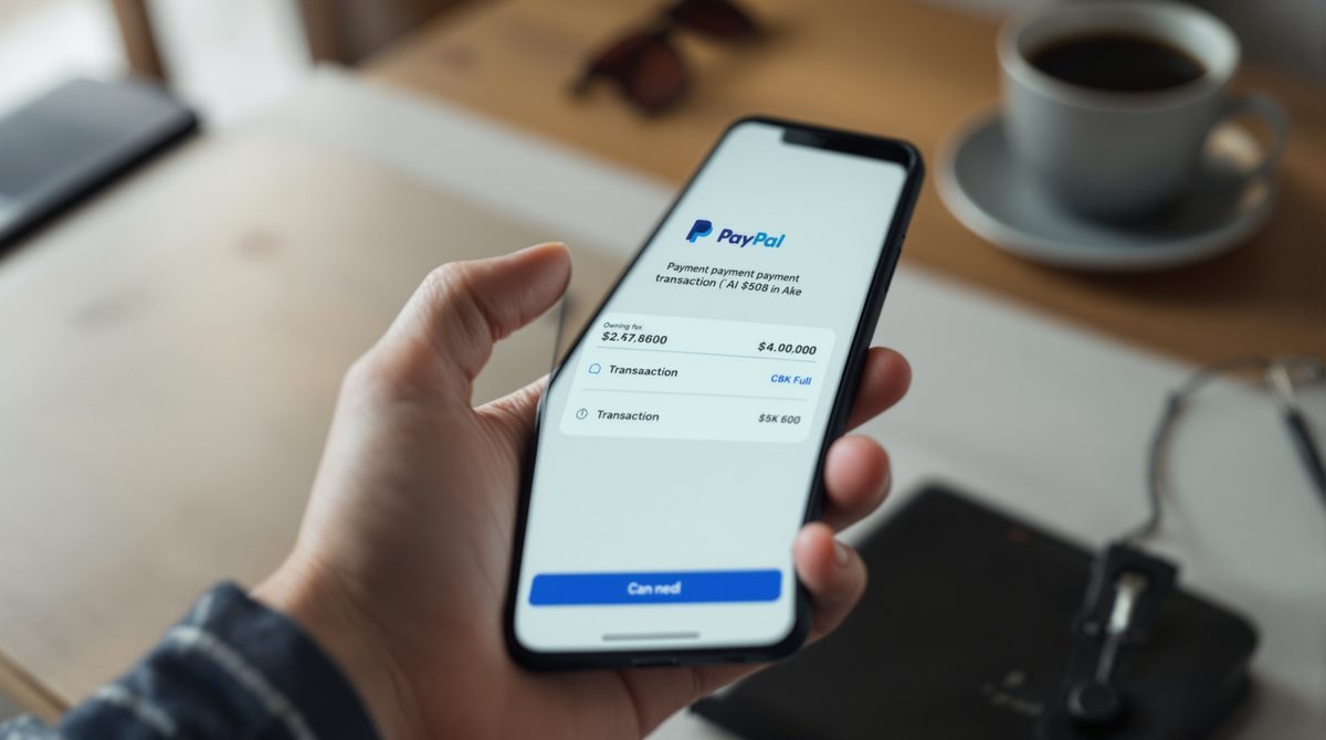 Smartphone zeigt PayPal-App mit Transaktionsdetails und Zahlungsbenachrichtigung