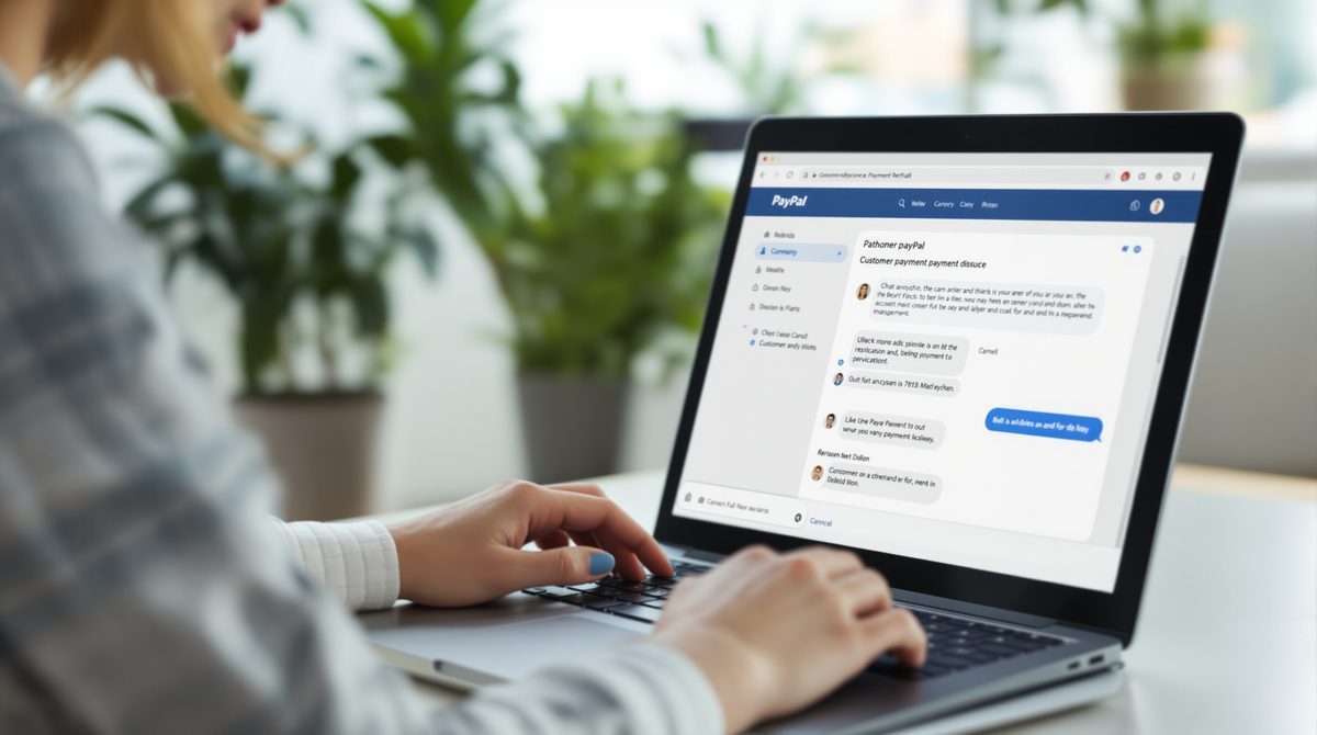 Frau nutzt PayPal Kundenservice-Chat am Laptop zur Streitbeilegung