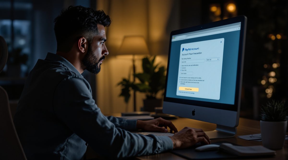 Person &uuml;berpr&uuml;ft PayPal Sicherheitseinstellungen und Zwei-Faktor-Authentifizierung am Desktop