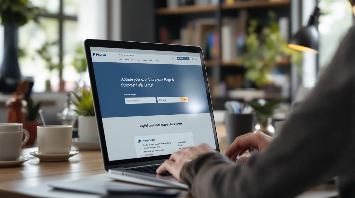 Person am Laptop nutzt PayPal Help Center für Kundenservice-Unterstützung
