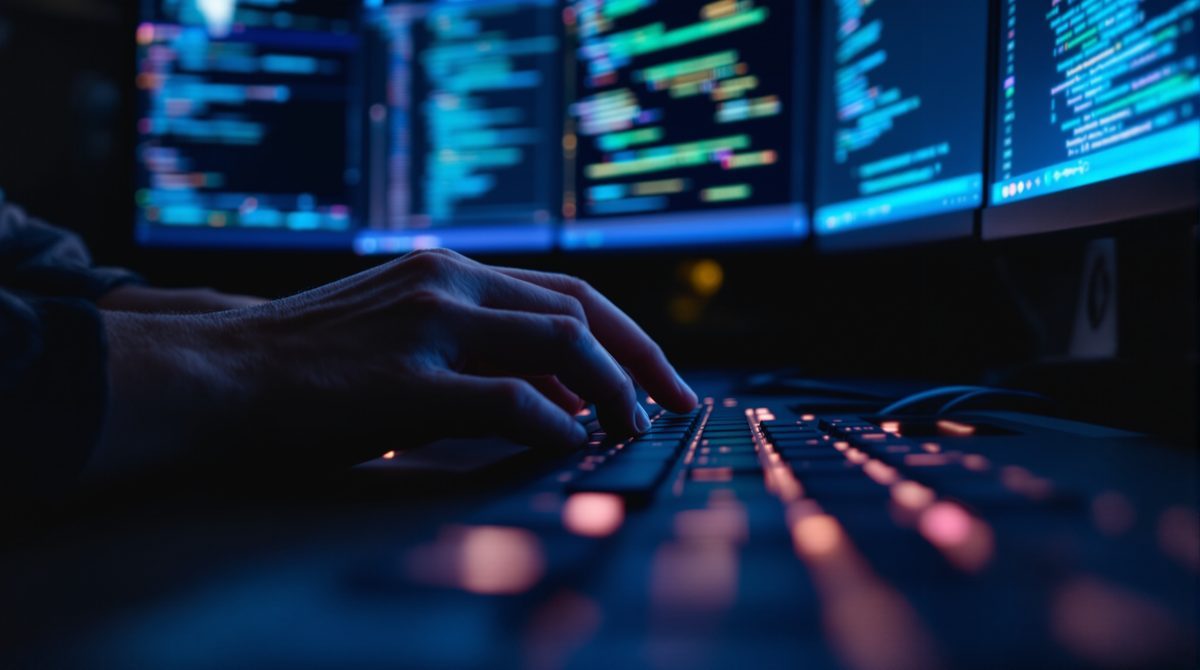 Entwickler arbeiten an Open-Source-Code auf mehreren Bildschirmen in einem modernen Büro