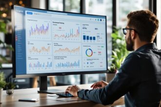 Digitaler Marketing-Profi analysiert Google Ads Conversion-Tracking Dashboard auf einem großen Monitor