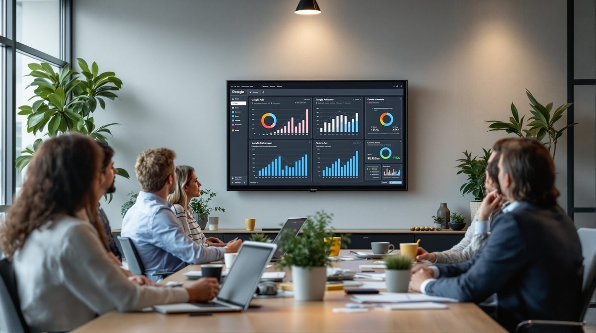 Marketing-Team in einer Agentur bespricht Google Ads Performance-Daten auf einem Pr&auml;sentationsbildschirm