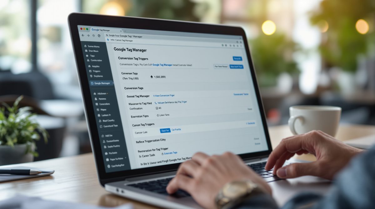 Google Tag Manager Interface auf Laptop-Bildschirm mit konfigurierten Conversion-Tags und Triggern