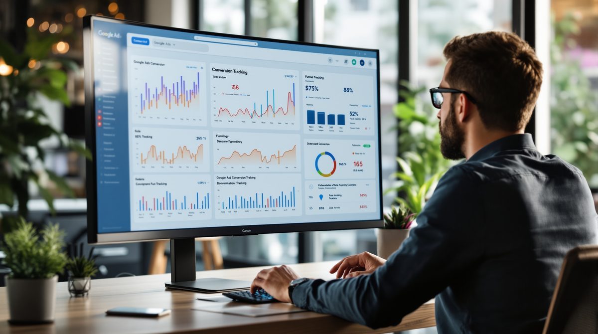 Digitaler Marketing-Profi analysiert Google Ads Conversion-Tracking Dashboard auf einem großen Monitor