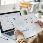 SEO-Spezialist prüft strukturiertes Normierungsdokument für die DIN SPEC 33461 am Schreibtisch