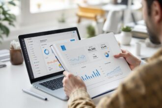 SEO-Spezialist prüft strukturiertes Normierungsdokument für die DIN SPEC 33461 am Schreibtisch