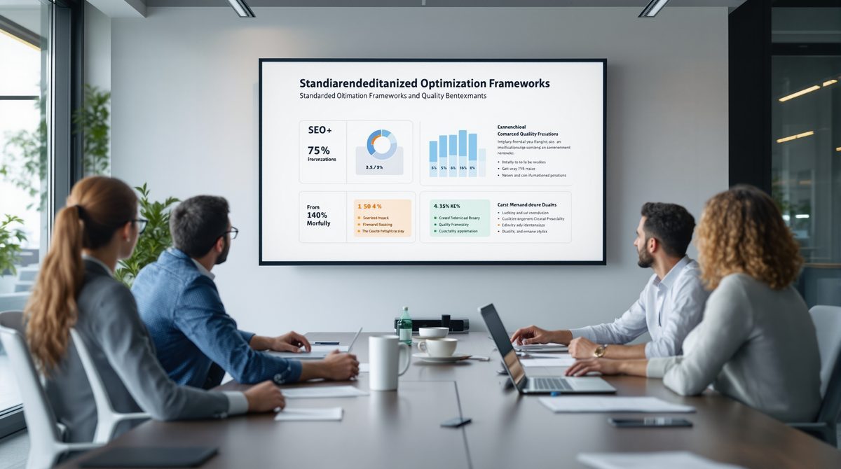 Business-Team bespricht standardisierte SEO-Strategie anhand der DIN SPEC 33461 in einem modernen Konferenzraum