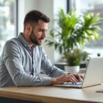 Inhaber eines kleinen Unternehmens analysiert Website-Daten auf einem Laptop in einem modernen Büro