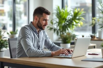 Inhaber eines kleinen Unternehmens analysiert Website-Daten auf einem Laptop in einem modernen Büro
