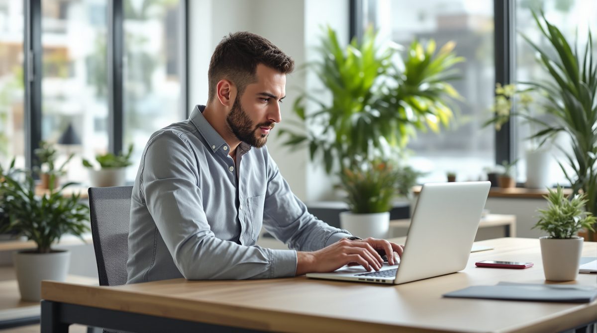 Inhaber eines kleinen Unternehmens analysiert Website-Daten auf einem Laptop in einem modernen Büro