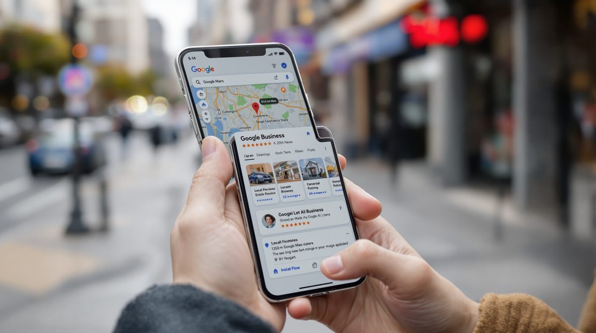 Smartphone zeigt Google Maps Eintrag mit Bewertungen eines lokalen Unternehmens