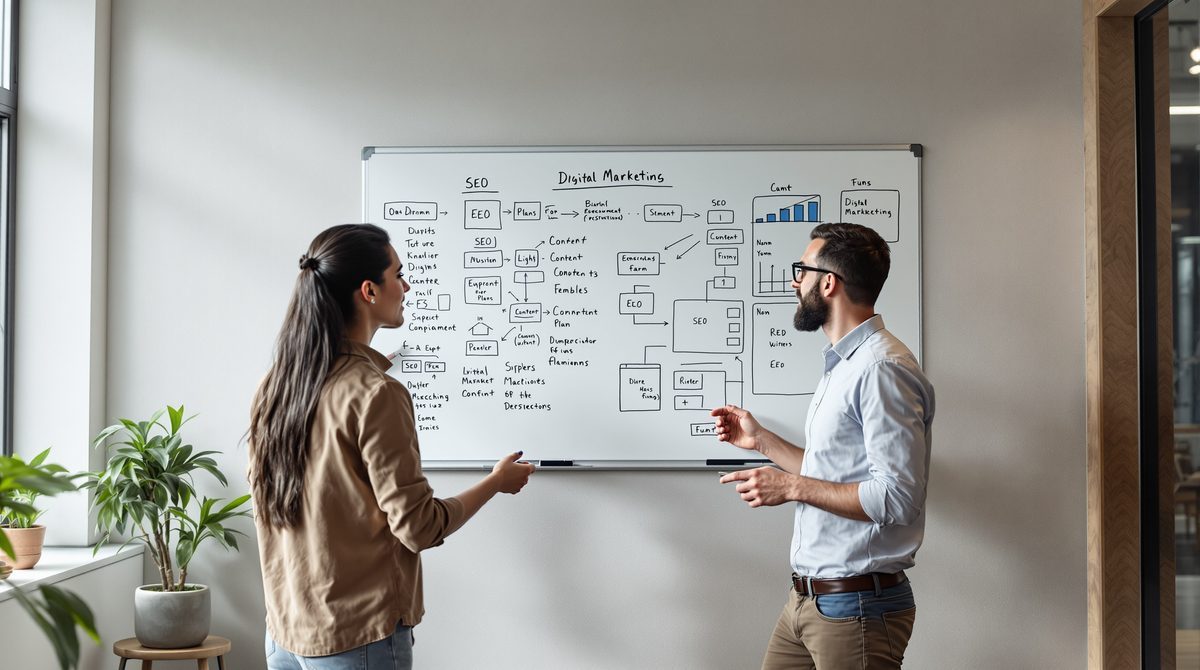 Zwei Fachleute besprechen digitale Marketingstrategie an einem Whiteboard mit SEO-Diagrammen