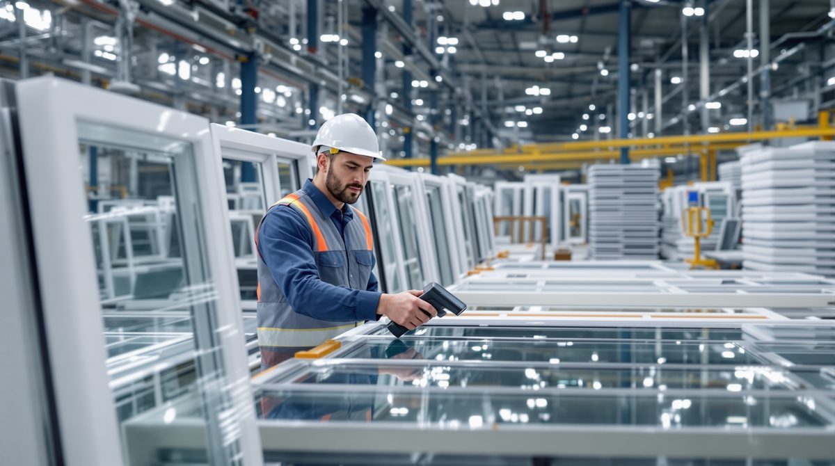 Mitarbeiter scannt Barcode an Fensterrahmen in der Produktion – Software für Fensterbauer